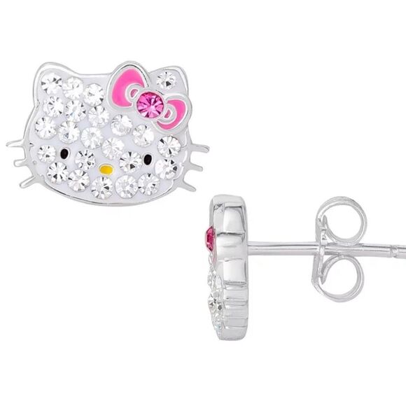Hello Kitty Fine Silver Plated Logo Studded Crystal Earrings - Picture 3 of 9